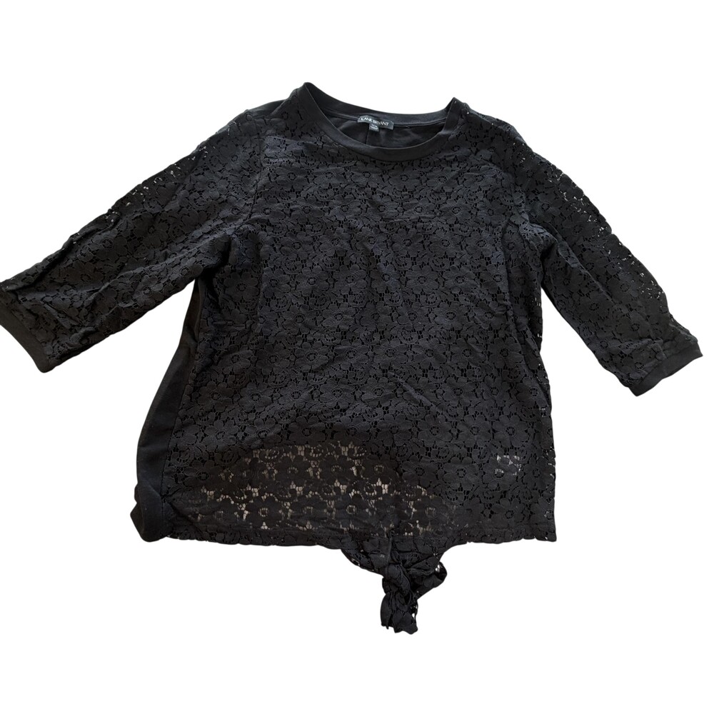Lane Bryant Blouse Womens Plus 14/16 Black Lace Floral 3/4 Sleeve Tie Hem Sheer